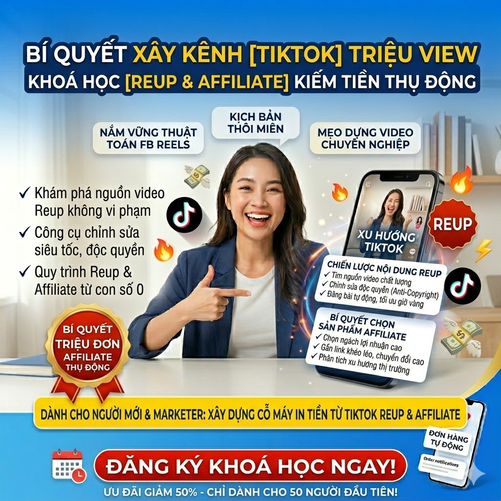 Khóa Học Reup TikTok Kiếm Tiền Affiliate – Không Cần Lộ Mặt, Không Cần Sản Phẩm Vẫn Có Thu Nhập
