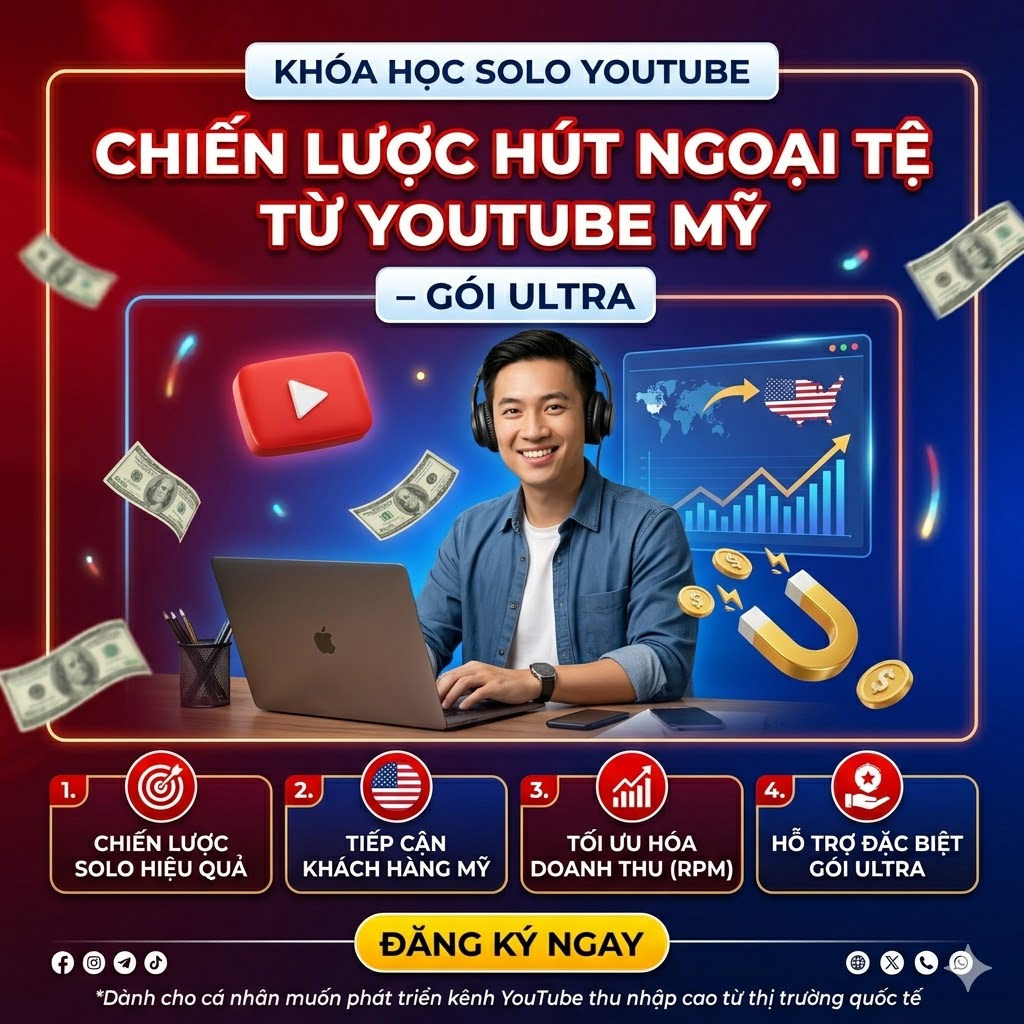 Khóa học Solo YouTube – Chiến lược hút ngoại tệ từ YouTube Mỹ (Gói Ultra)