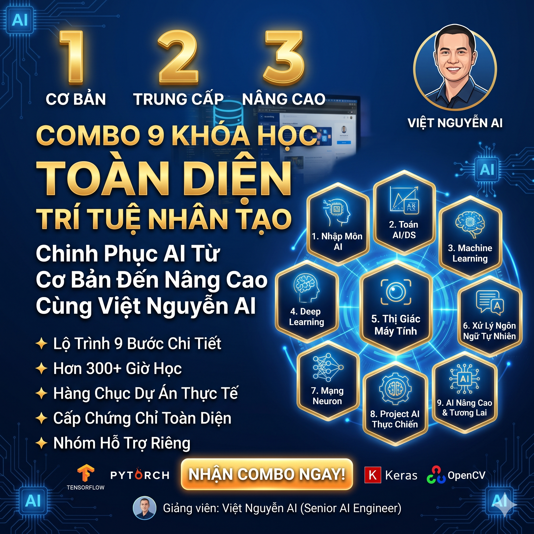 Combo 9 Khóa Học Toàn Diện Trí Tuệ Nhân Tạo – Chinh Phục AI Từ Cơ Bản Đến Nâng Cao Cùng Việt Nguyễn AI
