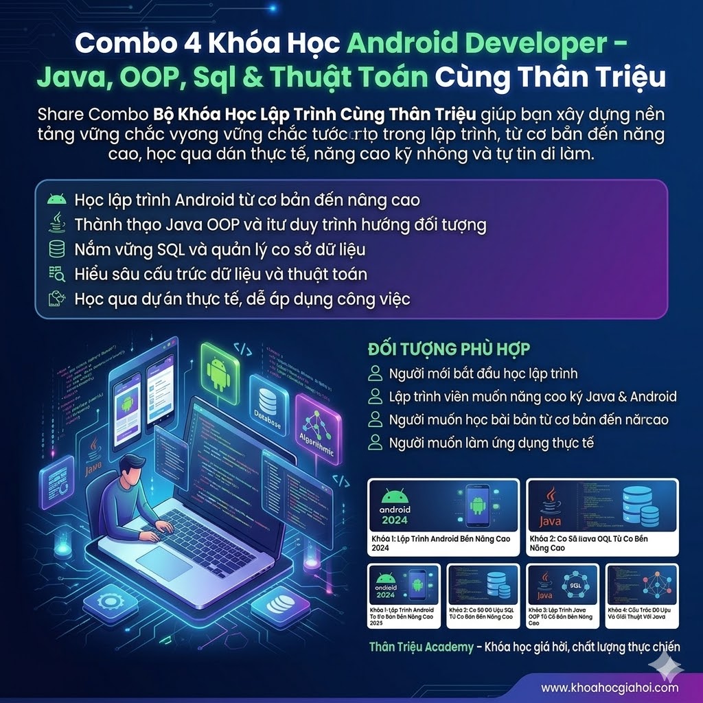 Combo 4 Khóa Học Android Developer – Java, OOP, Sql & Thuật Toán Cùng Thân Triệu