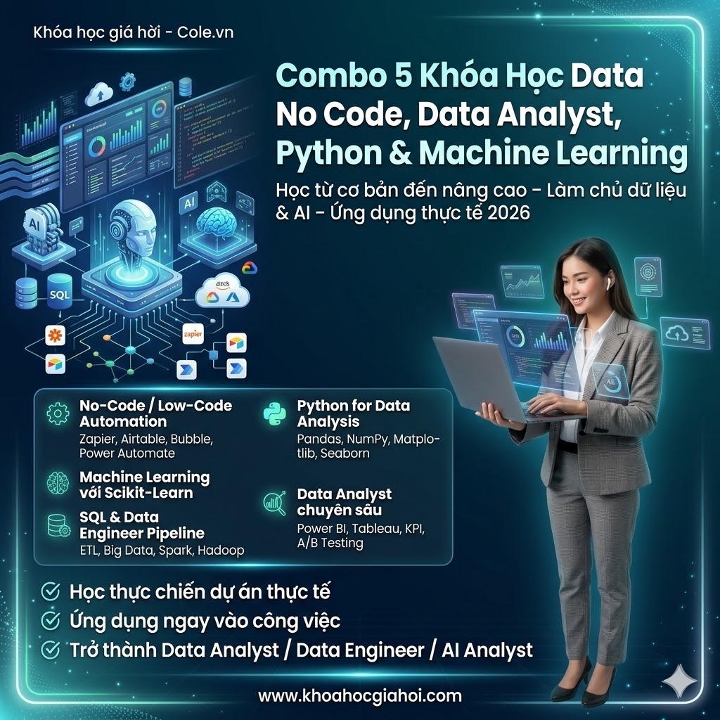 Combo 5 Khóa Học Data No Code, Data Analyst, Python & Machine Learning Cùng Cole.vn